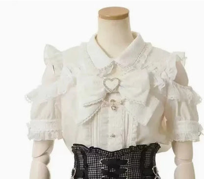 Japanese Liz New Summer Lace Edge Leather Ring High Waist Pleated Skirt Ribbon Bow All-match Short Skirts Big Bow Lolita Blouses