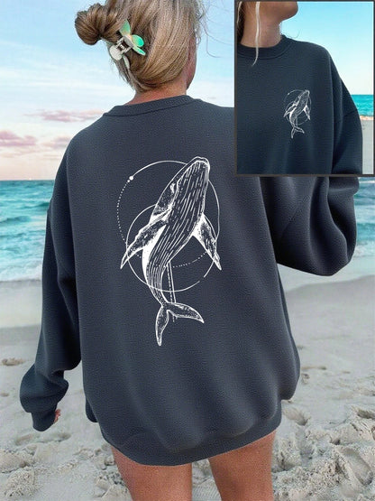 Humpback Whale Printing Sweatshirts Women Casual Crewneck Hoodies Winter Fleece Warm Pullover Loose Comfortable Womans Clothes.