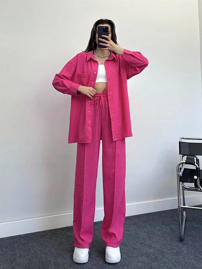 New Autumn Red Women Casual Two-piece Set, Features A Thin Long-sleeved Lapel Shirt Paired with Matching Drawstring Trousers.