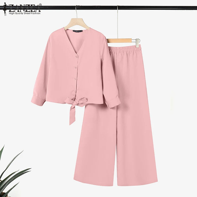 2025 ZANZEA Autumn Outfits 2PCS Women Work Matching Sets Fashion Spring Long Sleeve Blouse Pant Sets Casual Solid OL Tracksuits.