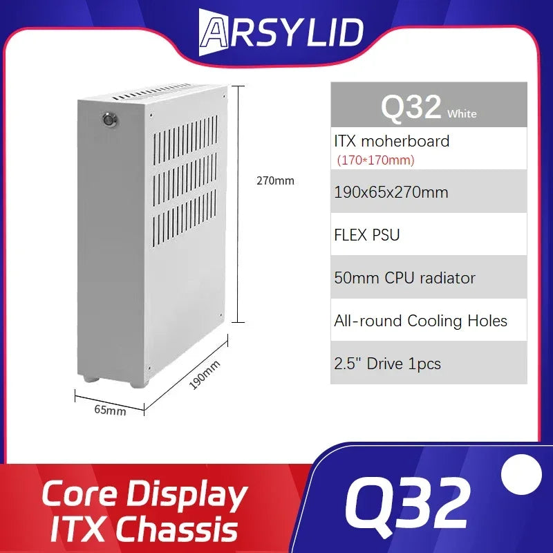 ARSYLID Q32 ITX A4 Computer Case 3.2L Smaller Mini Core Display Form Factor Chassis 50mm Radiator Flex PSU Q31.