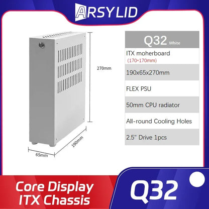 ARSYLID Q32 ITX A4 Computer Case 3.2L Smaller Mini Core Display Form Factor Chassis 50mm Radiator Flex PSU Q31.