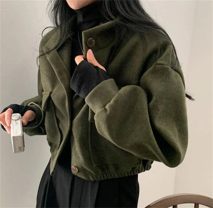 Korean Fashion Herbst Winter Mantel Frauen Neue In Stehen Neck Feste Taste Lose Jacke Dame Casual Straße Outwear Vintage Kleidung.