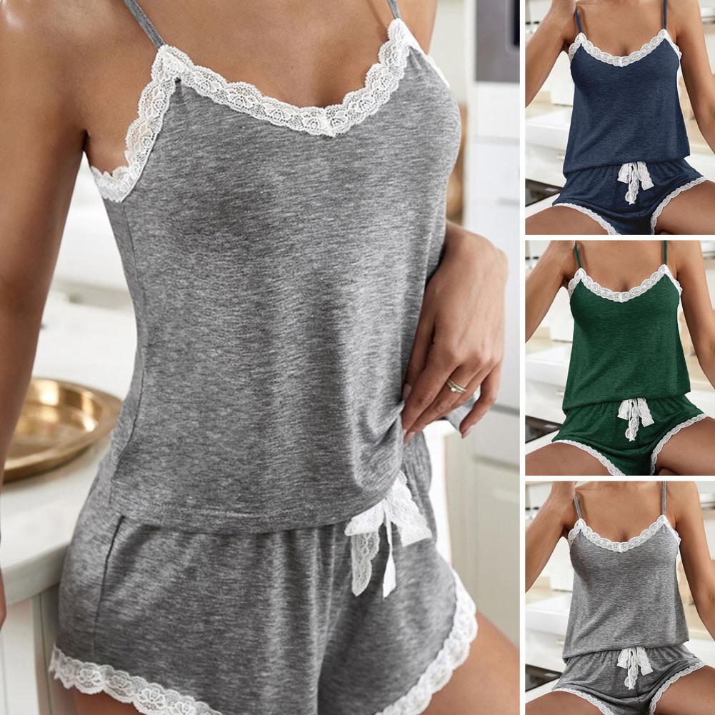 Sommer Frauen Pyjama Set Ärmellose Weste Shorts Sexy Spitze Kontrast Farbe Tank Top Lose Shorts Pyjama für Frauen Nachtwäsche.