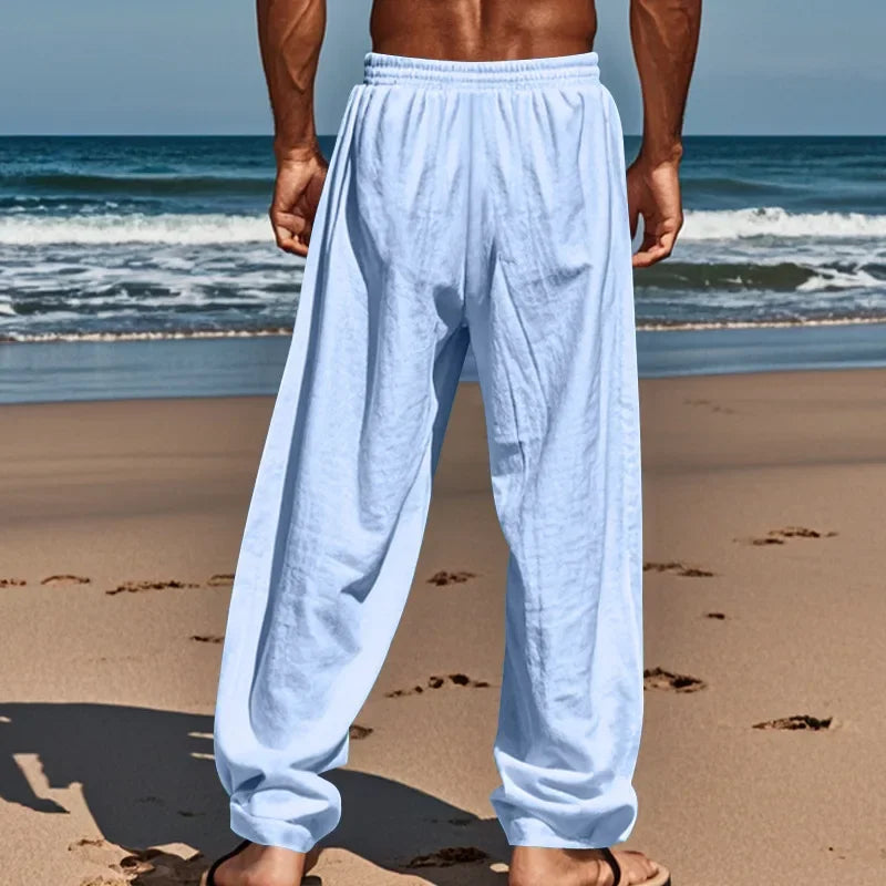 Frühling Sommer Dünne männer Casual Leinen Hosen Strand Stil Kordelzug Gerade Bein Lange Hosen Hochwertige Bequeme Passform