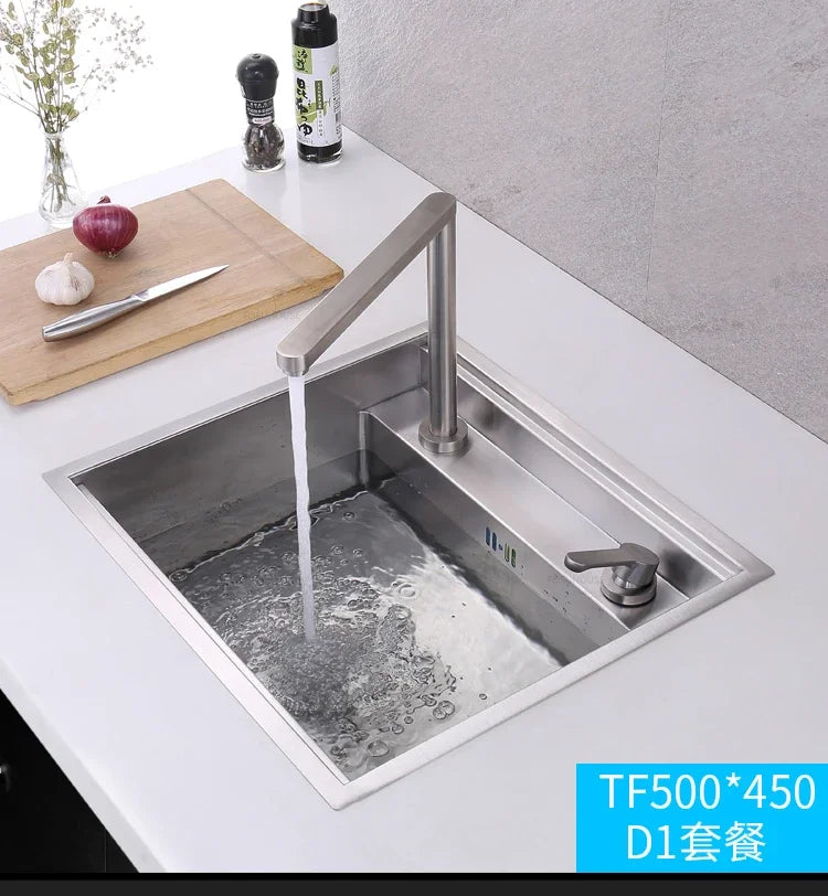 Hidden Stainless Steel Kitchen Sinks Modern Kitchen Accessories with Cover Kitchen Sink Dish Drainer Light Luxury Single Tank L