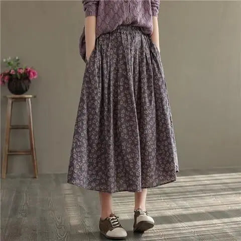 Women Casual Skirts New Arrival 2023 Autumn Vintage Style Floral Print Loose Comfortable Ladies Elegant A-line Long Skirt D536.