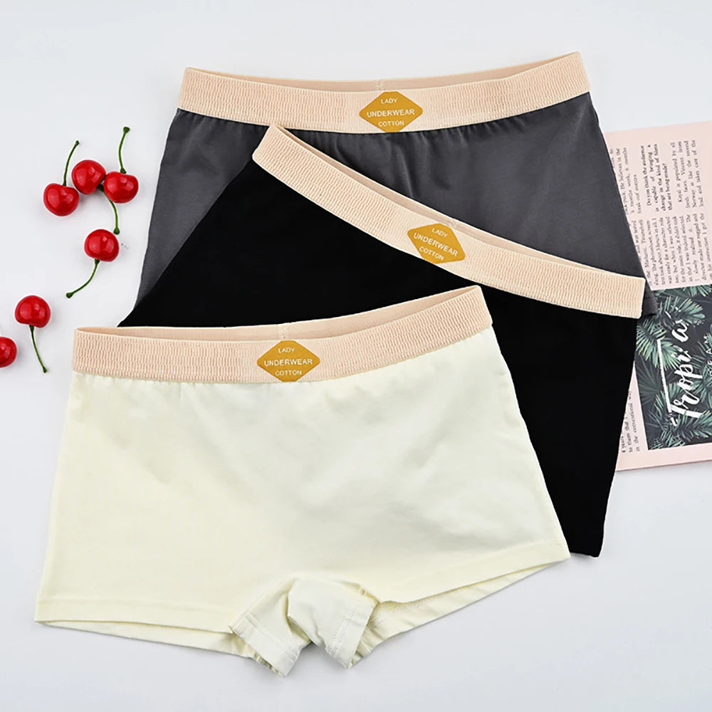 3PCS/Pack 100% Cotton Multicolor Solid Women's Boxer Knit Breathable Panties Underwear Soft High Elastic Mid-rise Thin Boyshorts