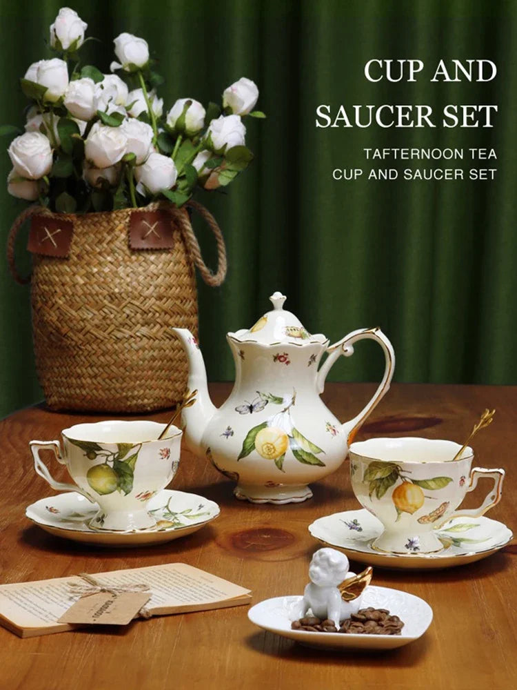 European Style Ceramic Mug Coffee Cup and Saucers Set Lemon Pattern Retro Afternoon tea cup Dessert Plate Teapot Home kettle.
