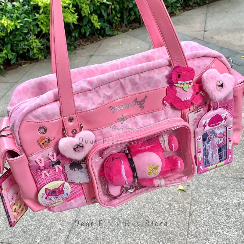 New Y2k Leopard Ita Shoulder Bag Lolita Girls Transparent Tote Bag Womens Large Capacity Crossbody Bag Cute DIY Display Handbags.