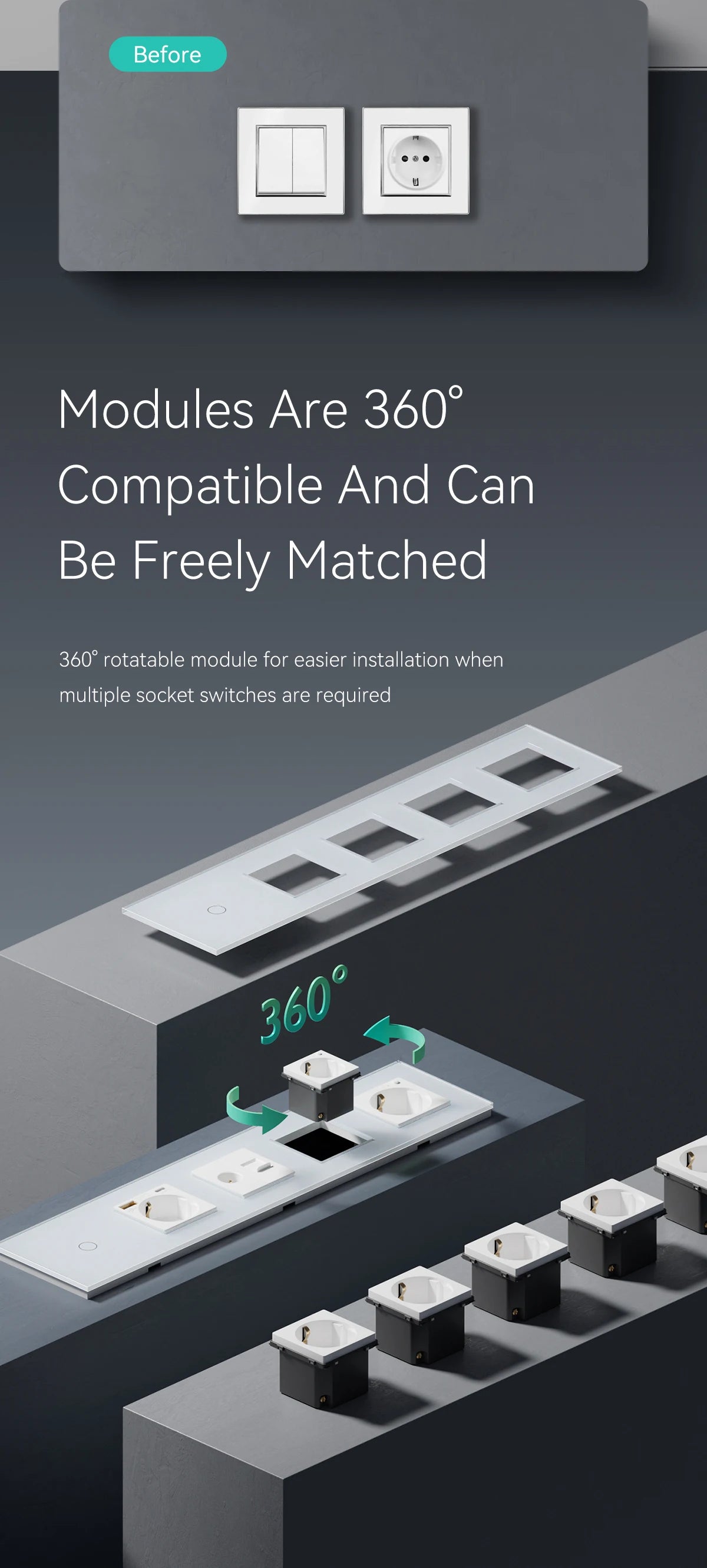 BSEED Touch-Lichtschalter mit EU-Stromsteckdosen, weiße Wand-LED-Schalter, 1/2/3 Gang, 1-Wege-Kristallglas-Panel, dunkle Hintergrundbeleuchtung.