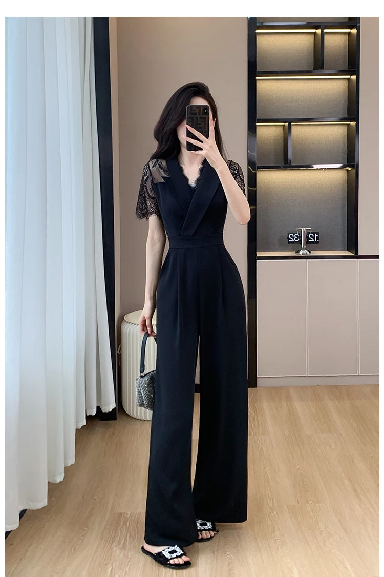 V-neck Solid Office Jumpsuit Women Elegant High Waist Wide Leg Pants Overall 2025 Fashion Slim Hollow Solid Color Romper.