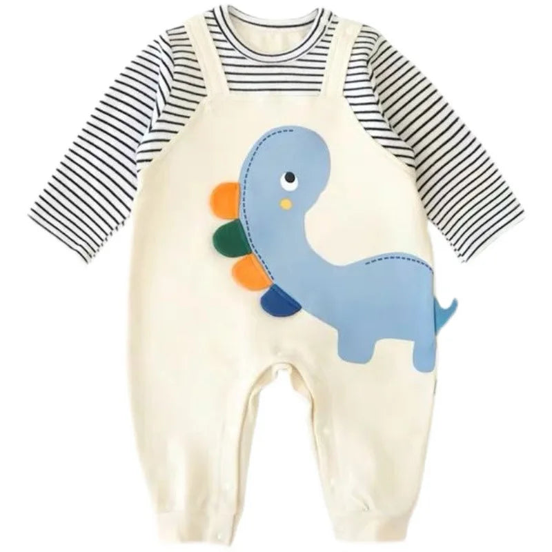 2024 herbst Baby Kleidung Neugeborenen Overall Infant Jungen Falsche 2 Stücke Streifen Patchwork Strampler Kleinkind Cartoon Dinosaurier Ein Stück.
