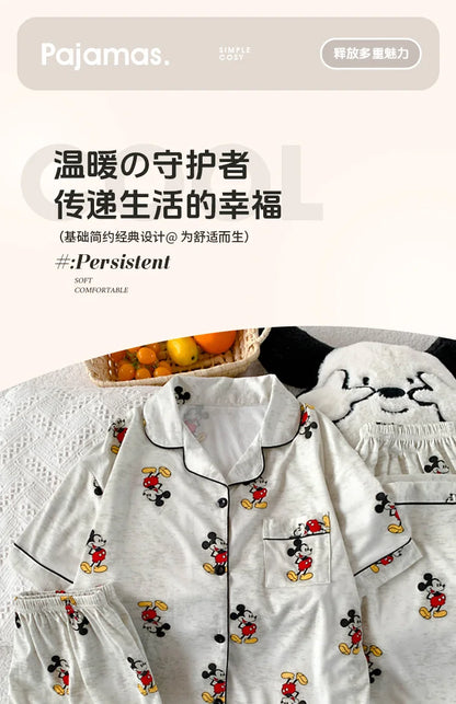 3Pcs Mickey Mouse Pajama Set Women's Summer Short-Sleeved Cute Sleepwear Autumn Student Home Clothes Three-Piece Set Nightgown.