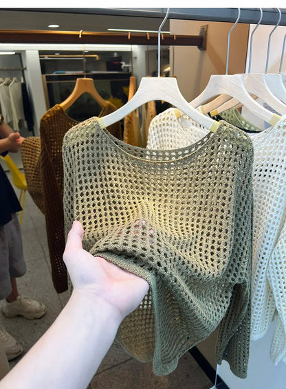 2025 Mesh Vintage Harajuku Langarm Frauen Pullover Koreanische Frühling Sommer Strickwaren Weiche Dünne Tops Chic Solide Femme Pullover.