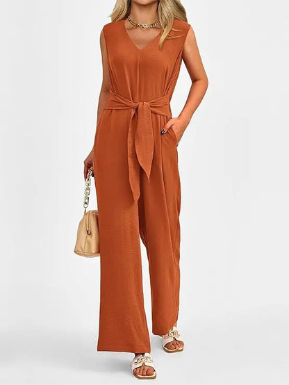 Summer High Waist Lace-up Jumpsuits Women 2025 New Sleeveless V-neck Side Pocket Solid Casual Jumpsuit Office Ladies Rompers