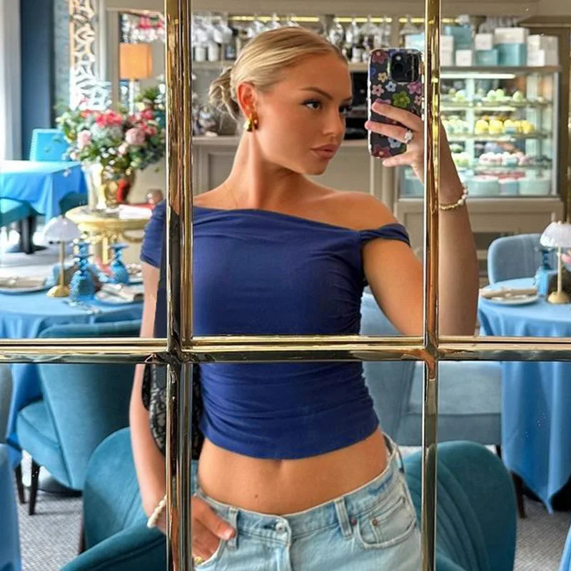 BOOFEENAA Asymmetrical One Shoulder Crop Tops Black Blue Sexy T Shirts for Woman Summer 2025 C95-BA13.