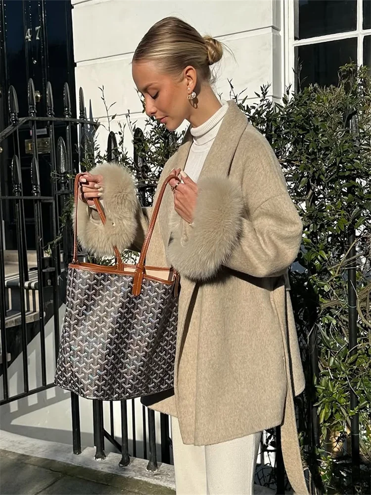 Frauen Mäntel Elegante Revers Plüsch Mit Gürtel Faux Pelz Hülse Tweed Offenen Mantel Weibliche 2025, Herbst Winter Mode Dame streetwear.