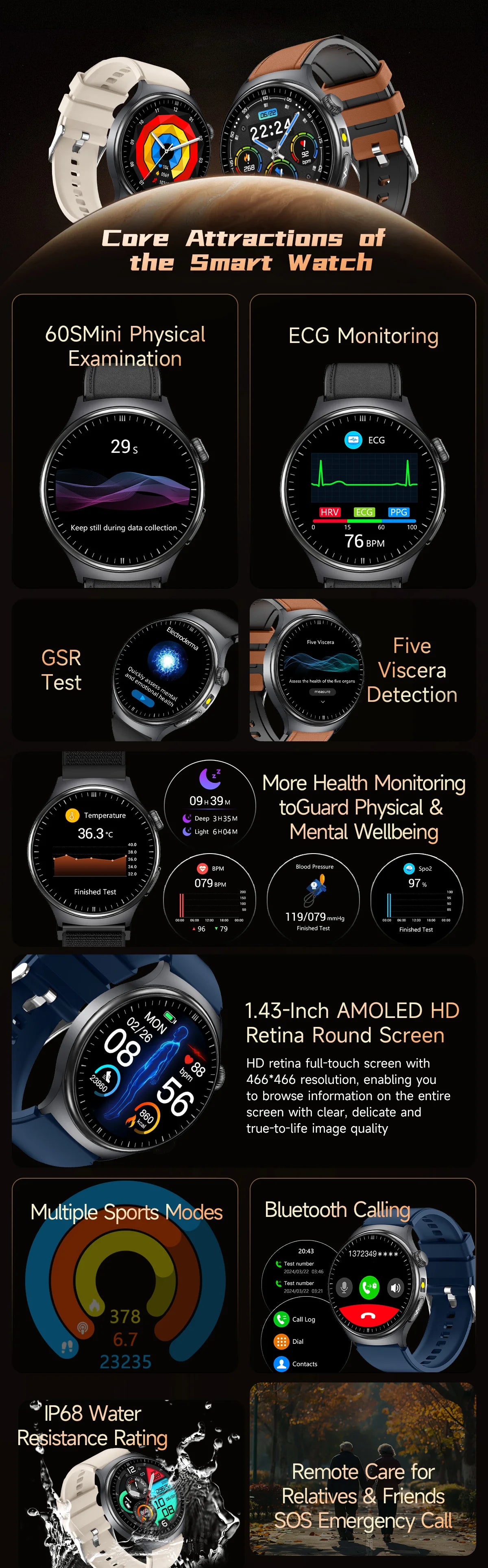 1.43'' HD Sapphire Smart Watch Bluetooth Call Blood Fat Uric Acid Heart Rate Body Analysis Five Organs Health Smartwatch Men Wom.