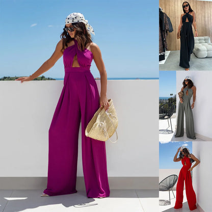Sexy Backless Halter Neck Sleeveless Bandage Jumpsuit Summer Women Fashion Red Black Hollow Out Wide Leg Jumpsuits Streetwear.