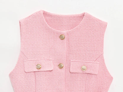 TRAFZA Frauen Elegante Solide Gürtel Westen Tops O Neck Metall Taste Ärmellose Weste Büro Dame Oberbekleidung Casual Blazer Tops.