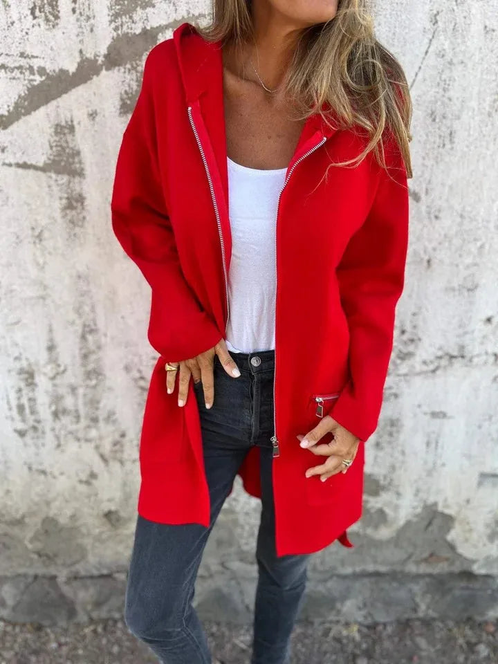 Herbst Winter Casual Zipper Mit Kapuze Jacke Frauen Langarm Strickjacke Mantel frauen Windjacke Beiläufige Gerade Jacken Rote Mäntel.
