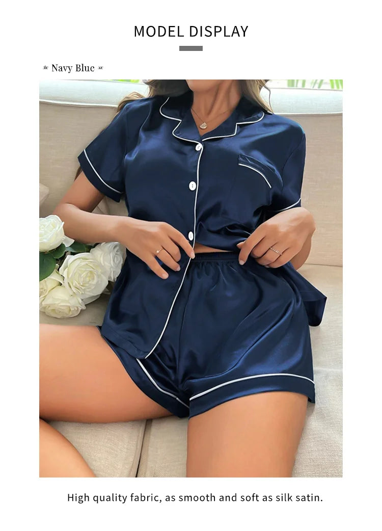 Sommer-Pyjama-Set aus Seidensatin für Damen, Oberteil und Shorts mit Knopfleiste, 2-teilig, Nachtwäsche, gekerbter Kragen, Nachtwäsche, Loungewear für Damen.