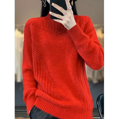 2024 herbst Neue Lose frauen Halb-rollkragen Verdickt Einfarbig Einfache Häkeln Beiläufige Gestrickte Pullover Pullover Top.