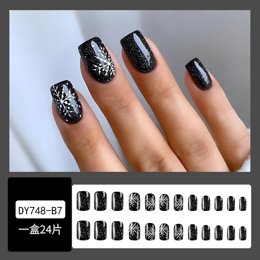 Short Square False Nails French Snowflake Glitter Drill Nail Art Full Cover Detachable Press on Nail Tips Christmas Fake Nails.
