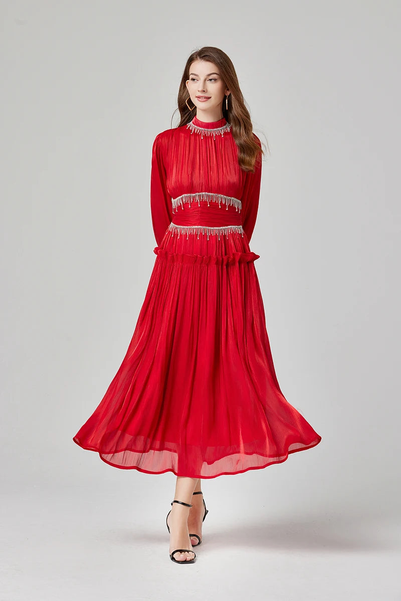 Französisch Luxus Kristall Perlen Quaste Glanz Roben Urlaub Frauen stehen Laterne Ärmel Rüschen plissiert formale Gelegenheit Ballkleid 622.