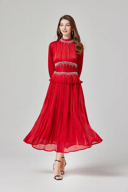 Französisch Luxus Kristall Perlen Quaste Glanz Roben Urlaub Frauen stehen Laterne Ärmel Rüschen plissiert formale Gelegenheit Ballkleid 622.