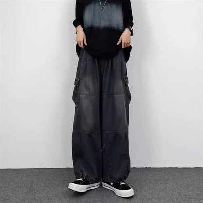 Japanese Vintage Wide-leg Pocket Cargo Pants Men's Autumn/winter New Trendy Brand Ins Unisex Loose Fit Straight Leg Jeans.