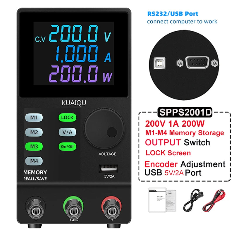 KUAIQU 200V 300V 1A DC Power Supply, 30V Programmable Adjustable Regulated Lab Bench Power Supply with PC Software,Output Switch
