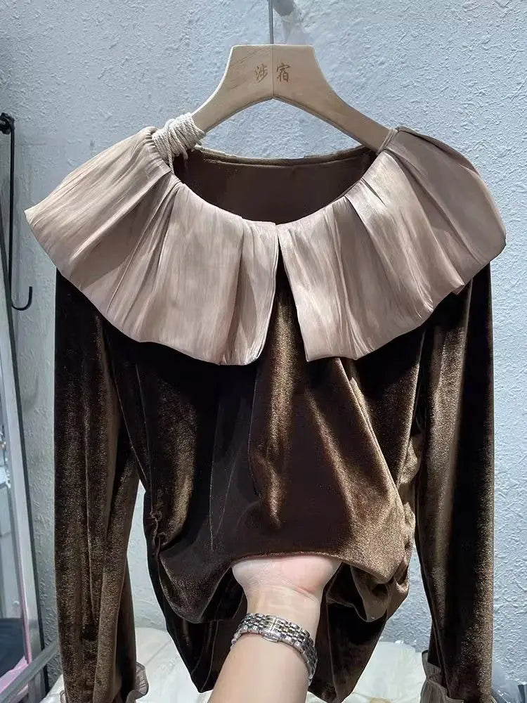 Autumn Korean Patchwork Solid Color Peter Pan Collar T-Shirts Female Temperament Ruffles T-Shirts Women Clothing All-match Tops.