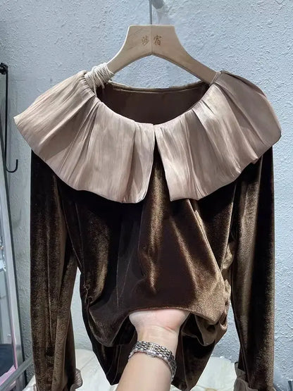 Autumn Korean Patchwork Solid Color Peter Pan Collar T-Shirts Female Temperament Ruffles T-Shirts Women Clothing All-match Tops.