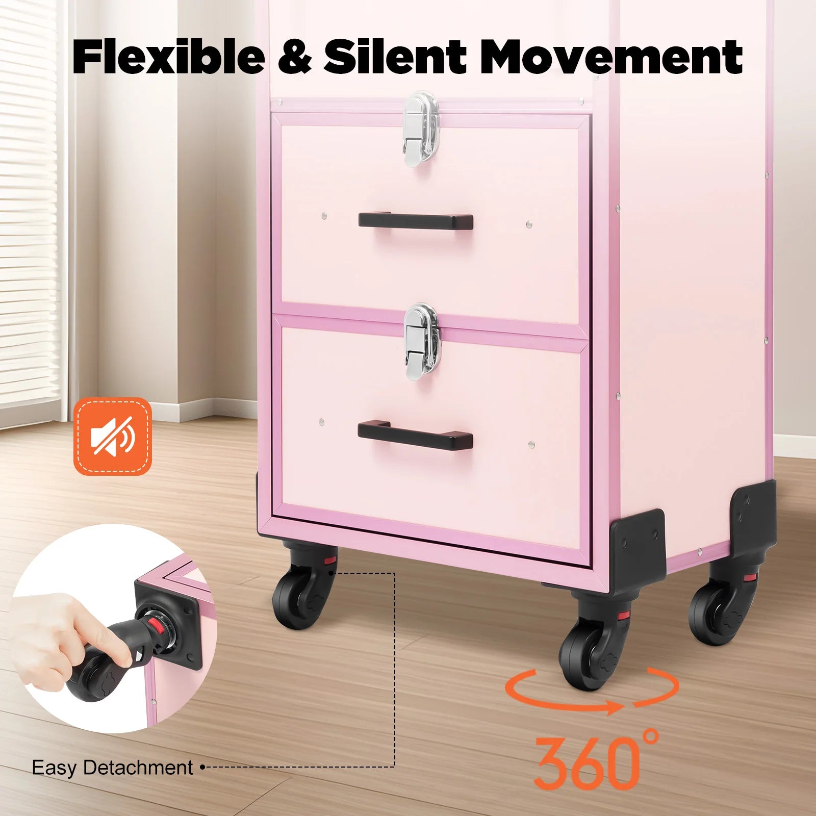 3 in 1 Rolling Makeup Case with Drawer, Large Makeup Case Organizers, Profesional Cosmetic Case for Salon Barber, Light Pink.