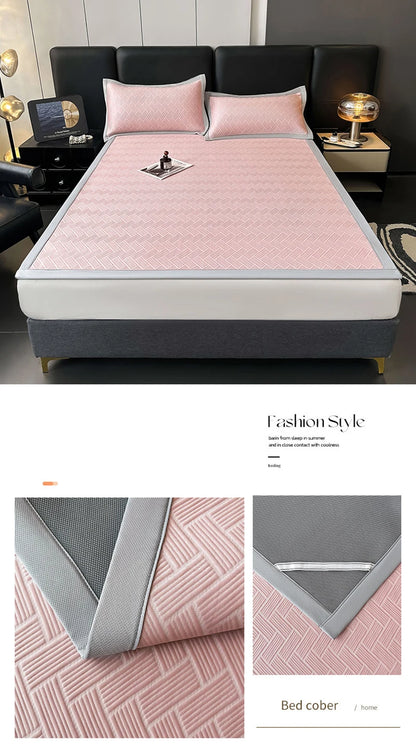 Luxury Summer Carbon Cooling Mat Set Solid Color Queen King Size Bed Mattress and Pillow Case Machine Washable Soft Folding Mat.