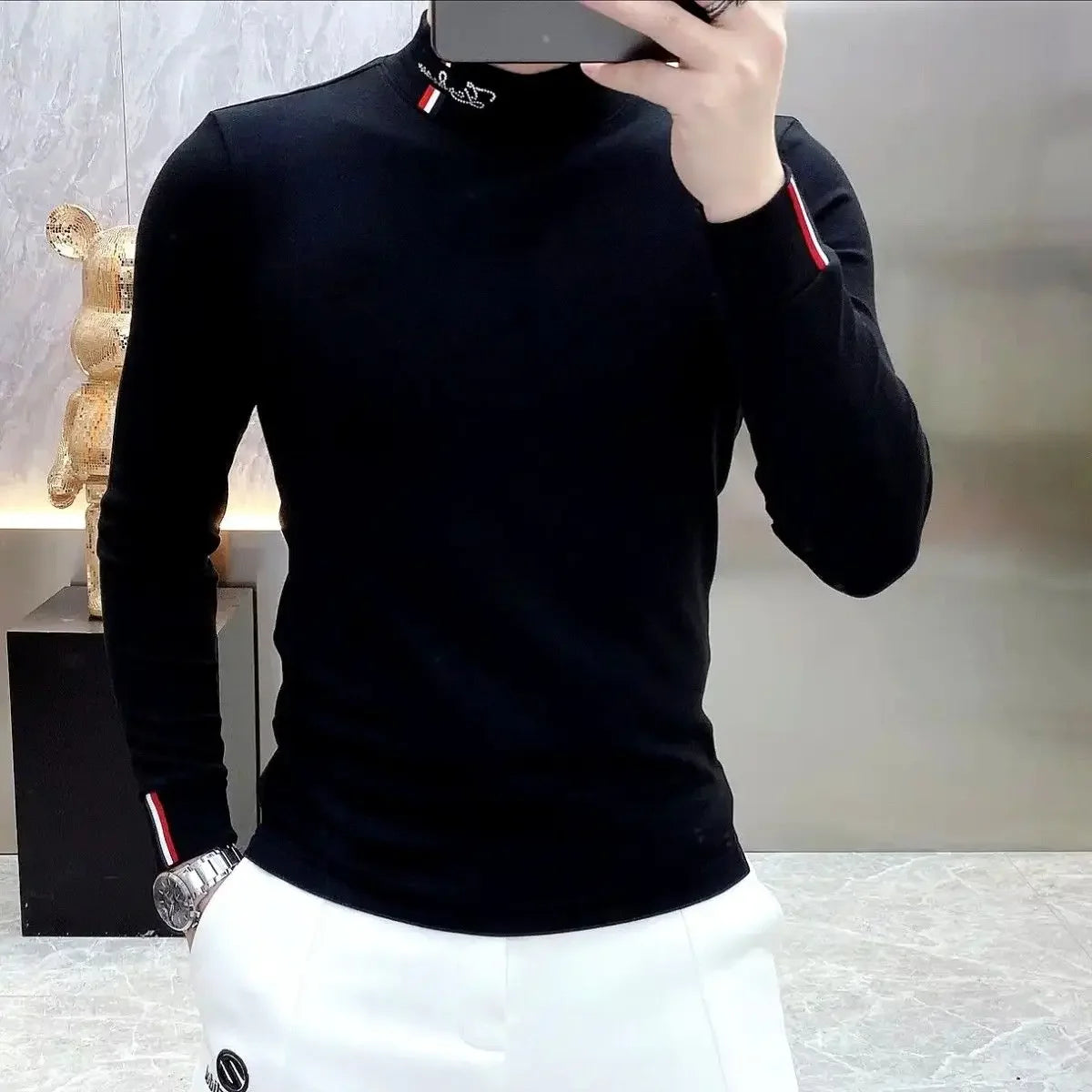 Autumn New Men Chic Thicken T-Shirts Thermal Half High Collar Bottoming Cootrast Color Long Sleeve Elastic Slim All-match Tops.