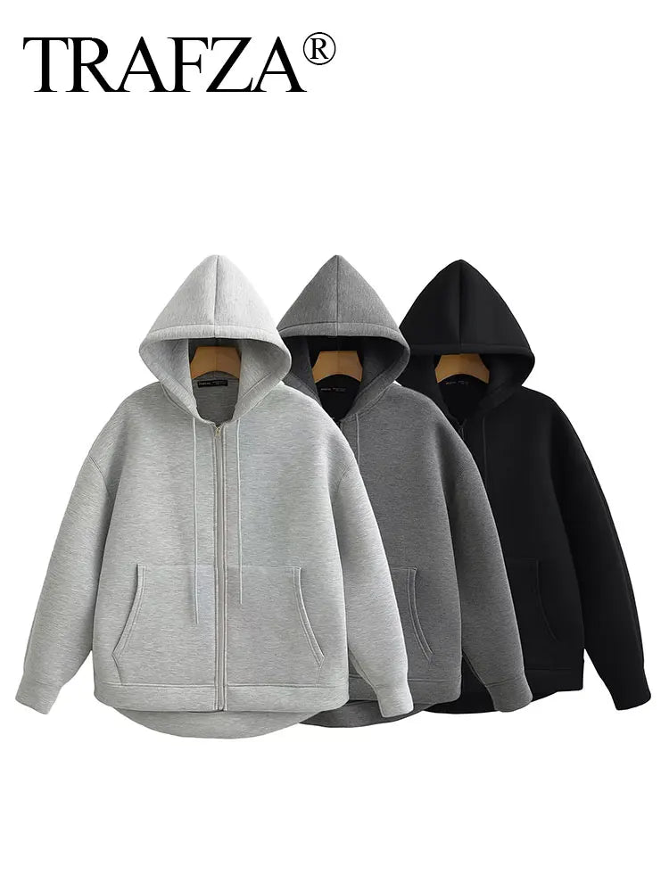 TRAFZA Winter Neue frauen Zipper Hoodie Mantel High Street Doppel Taschen Jacke Oversize Lose Sweatshirts Oberbekleidung Top.