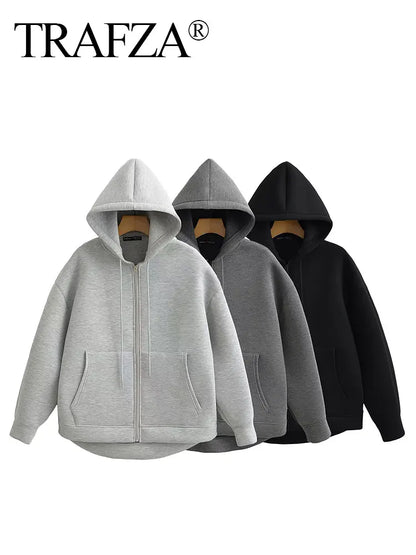 TRAFZA Winter Neue frauen Zipper Hoodie Mantel High Street Doppel Taschen Jacke Oversize Lose Sweatshirts Oberbekleidung Top.