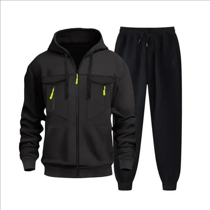 Autumn and winter new men's sweatshirt sport set, fashionable windproof and warm men's zipper hoodie and pants 2-piece set.