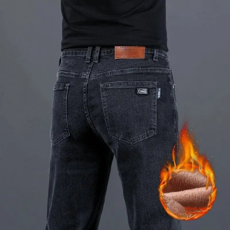 Loose Casual Jeans for Men Mid-aged Thick Winter Long Pants Business Style Straight Leg Spring Autumn Korean Version