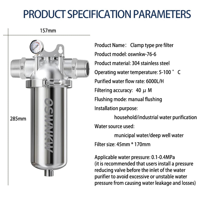 Whole house sediment filter  water filter system 40μm 316 stainless steel mesh.