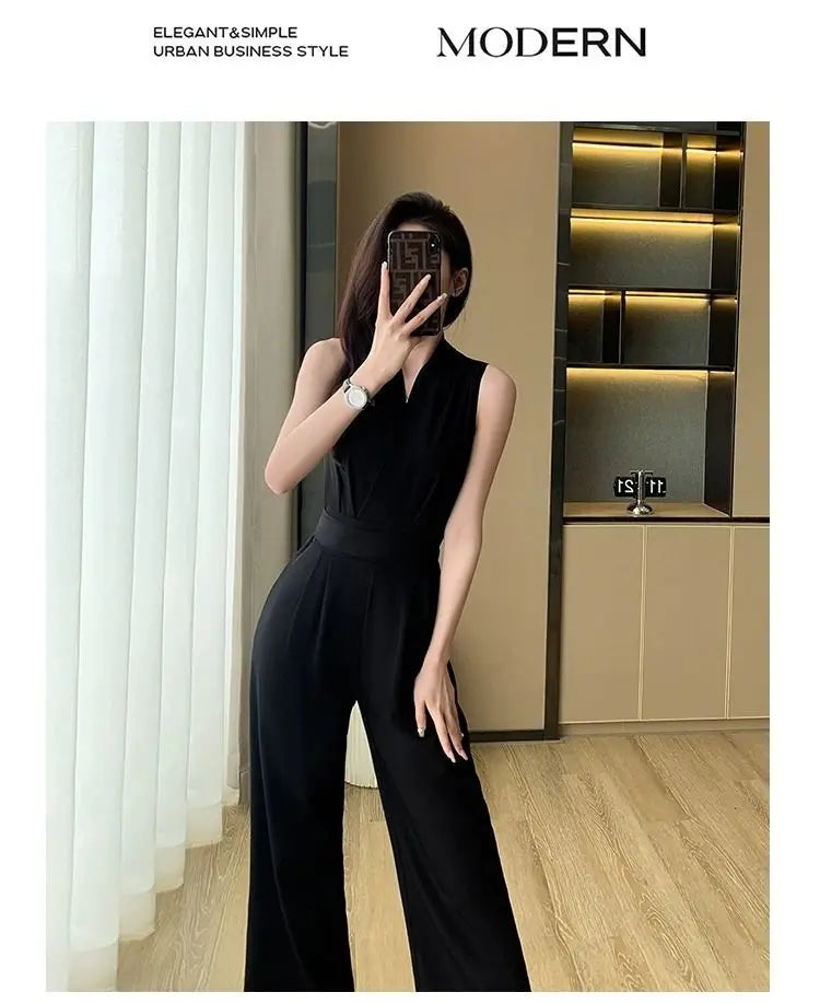 Women's Wide Leg Jumpsuit Pants 2025 Summer New Casual Straight Tube Sports Overalls V-neck Sleeveless Bodysuit For Women Romper