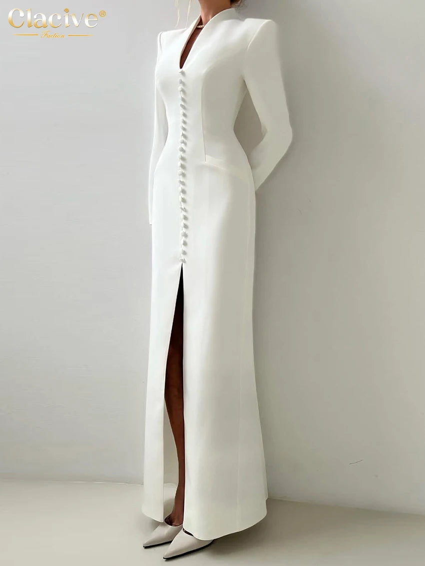 Clacive Sexy schlankes weißes Damenkleid 2025, modisches V-Ausschnitt, lange Ärmel, knöchellanges Kleid, elegantes, klassisches, geschlitztes Damenkleid.