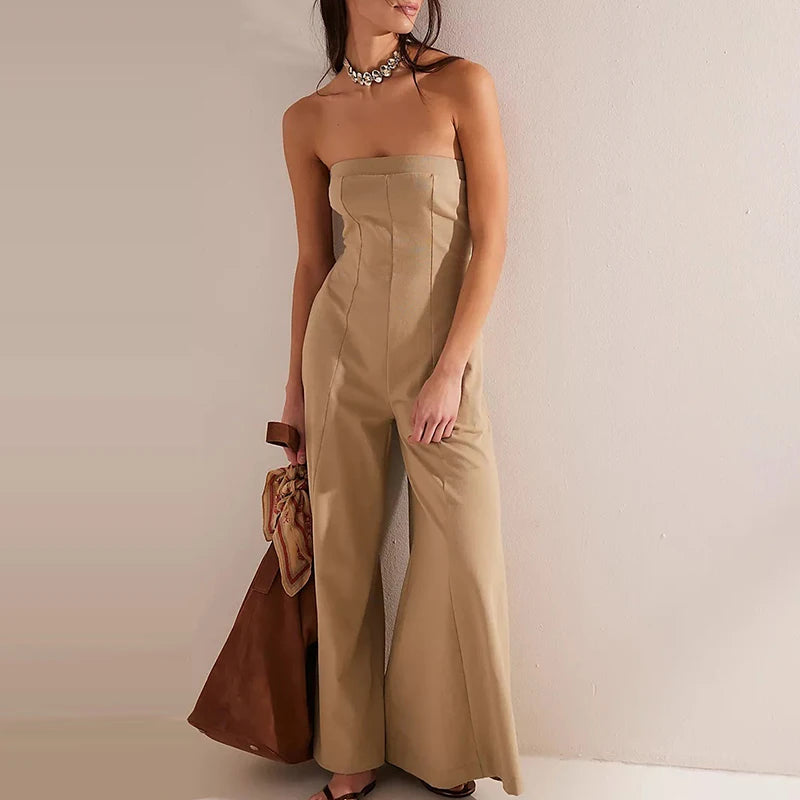 High Street Commute Wide Leg Rompers Sexy Tube Top High Waist Pocket Jumpsuits Elegant Lady Summer Sleeveless Playsuits Overalls.