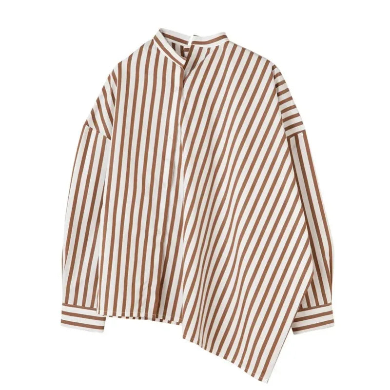 LUXURY Women's Vertical Striped Shirt, Short Front and Back, Short, Vertical Striped Shirt, Loose Long Sleeve, Commuter Style.