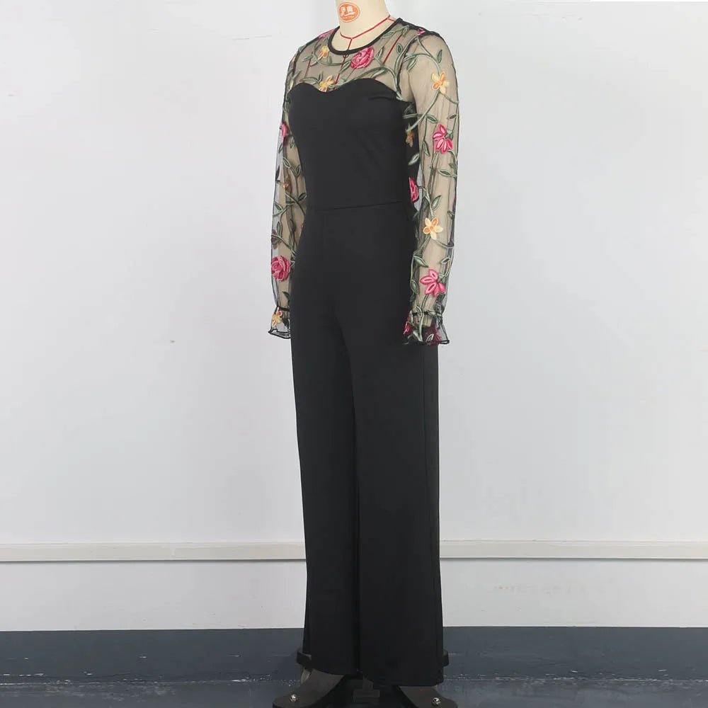 Spring Embroidery Floral jumpsuit Women Mesh long sleeve patchwork one piece set Elegant slim high waist wide leg Romper.