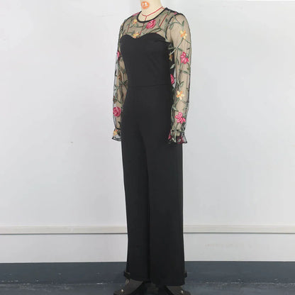 Spring Embroidery Floral jumpsuit Women Mesh long sleeve patchwork one piece set Elegant slim high waist wide leg Romper.