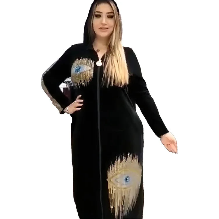 Long Sleeved Hooded Muslim Dress Velvet Diamond Clothing for Women Dubai Abayas Casual Korean Style Kaftan Evening Dress Abayas